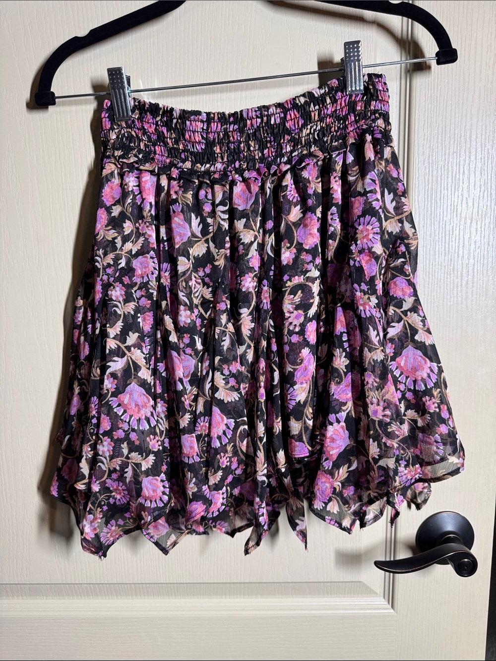 Misa Los Angeles Black Mini Skirt with Pink & Purple Floral Print